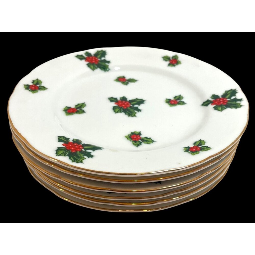 Set Of 6 Lefton China Holly Berry Gold Trim Dessert Plates 7952 Japan Vintage